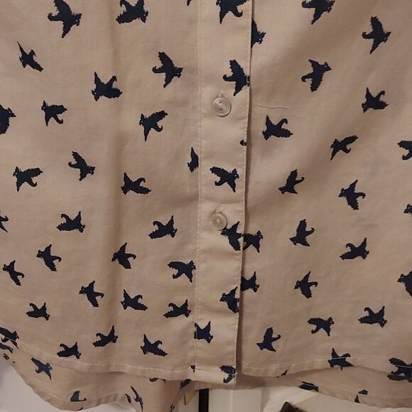 Bird Print Button-Up Shirt Tan And Navy Size L - Picture 4 of 12